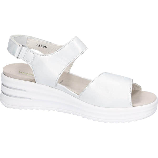 Waldlaufer H-Dina women's wide-fit silver leather sandals with arch support and touch fastening, cushioned footbed, chunky white sole.