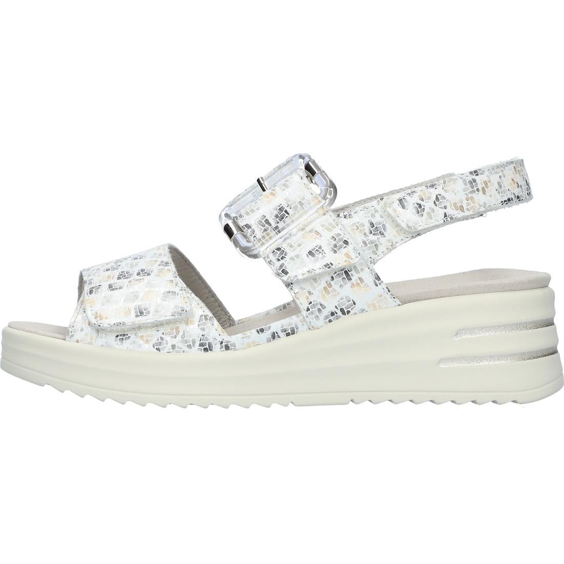 Waldlaufer 795006 Ladies White Print Leather Arch Support Sandals with Touch Fastening and chunky platform sole.