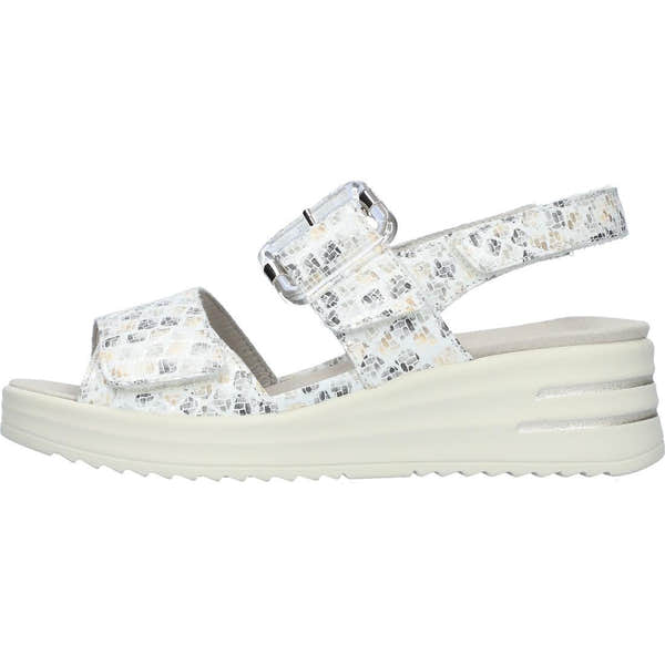 Waldlaufer 795006 Ladies White Print Leather Arch Support Sandals with Touch Fastening and chunky platform sole.