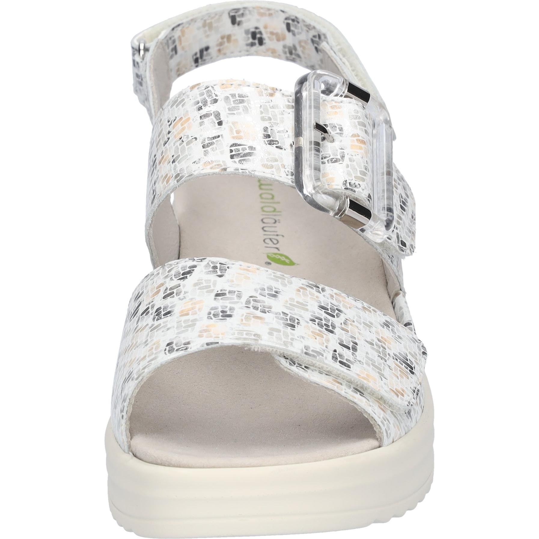 Waldlaufer Ladies Wide White Print Leather Sandals with arch support and touch fastening straps.