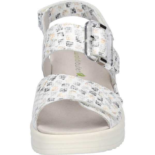 Waldlaufer Ladies Wide White Print Leather Sandals with arch support and touch fastening straps.