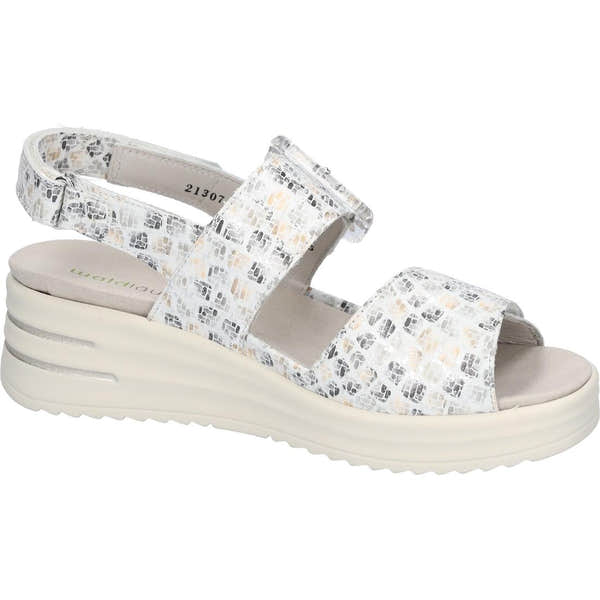 Waldlaufer 795006 H-Dina women's wide fit white printed leather sandals with arch support and touch fastening straps.