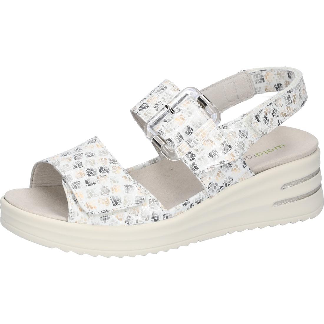 Waldlaufer Women's H-Dina White Print Leather Sandals with arch support, touch fastening, and chunky sole.