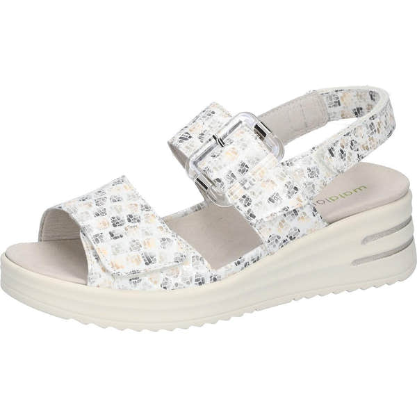 Waldlaufer Women's H-Dina White Print Leather Sandals with arch support, touch fastening, and chunky sole.