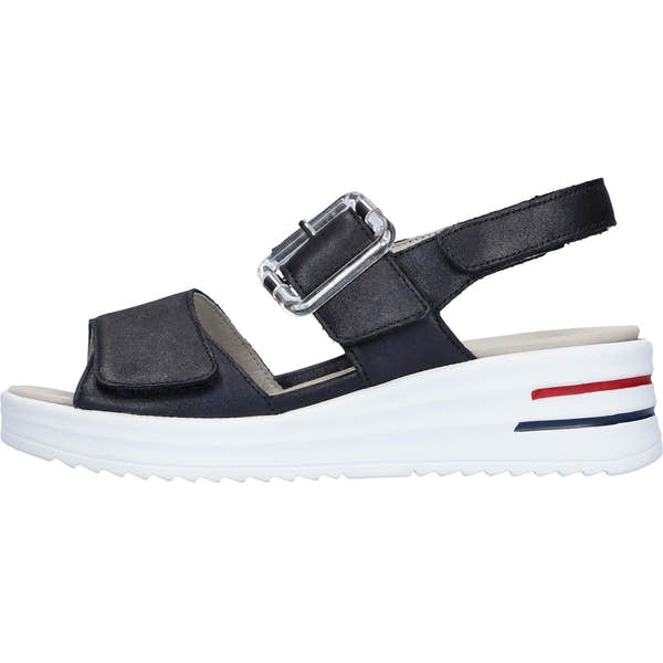 Waldlaufer women's navy blue leather sandals with touch fastening, arch support, and chunky white sole with red and black stripe accents.