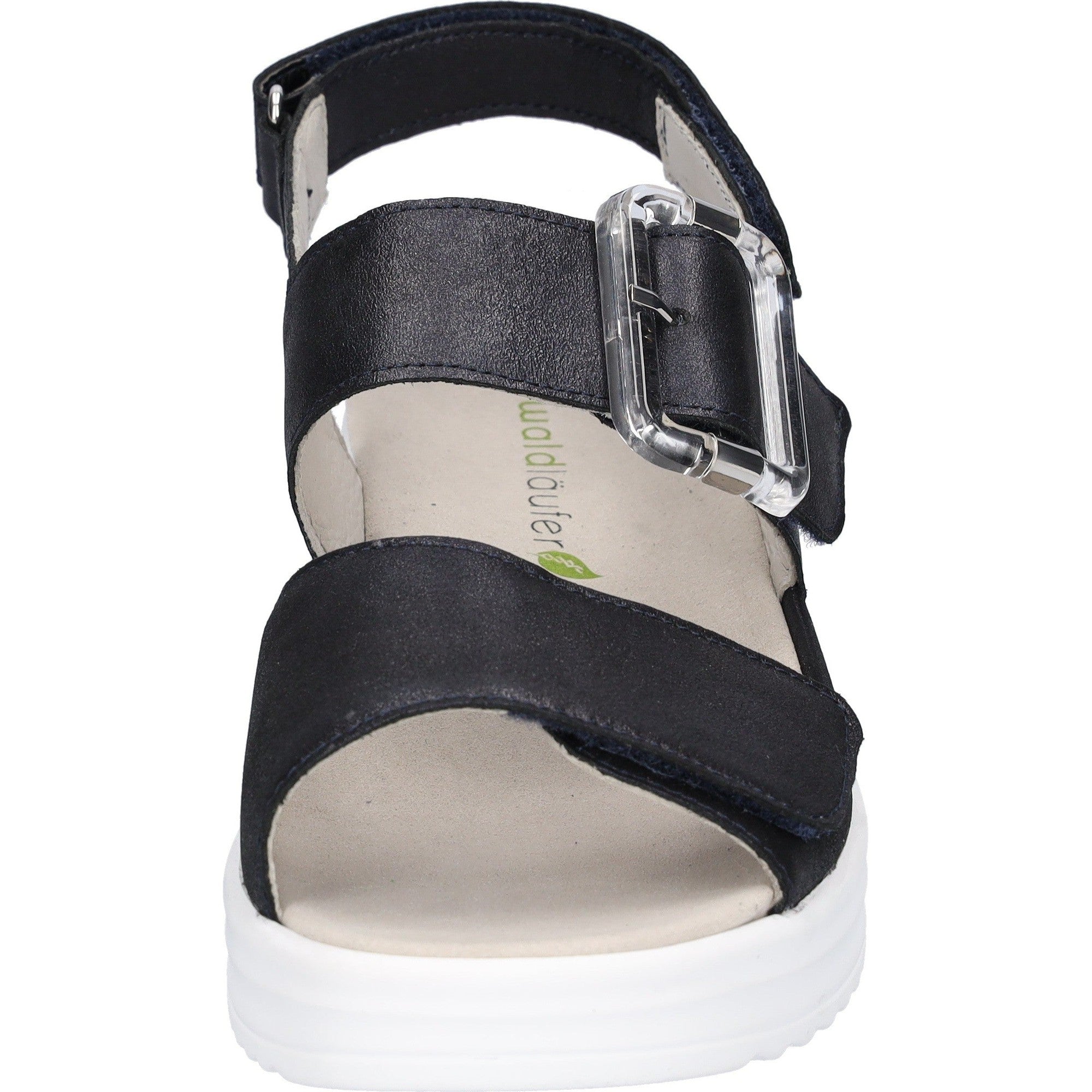 Waldlaufer H-Dina Ladies Wide Navy Blue Leather Arch Support Sandals with Touch Fastening Strap and White Sole.