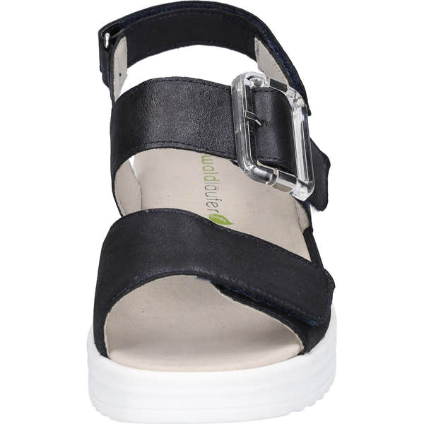 Waldlaufer H-Dina Ladies Wide Navy Blue Leather Arch Support Sandals with Touch Fastening Strap and White Sole.