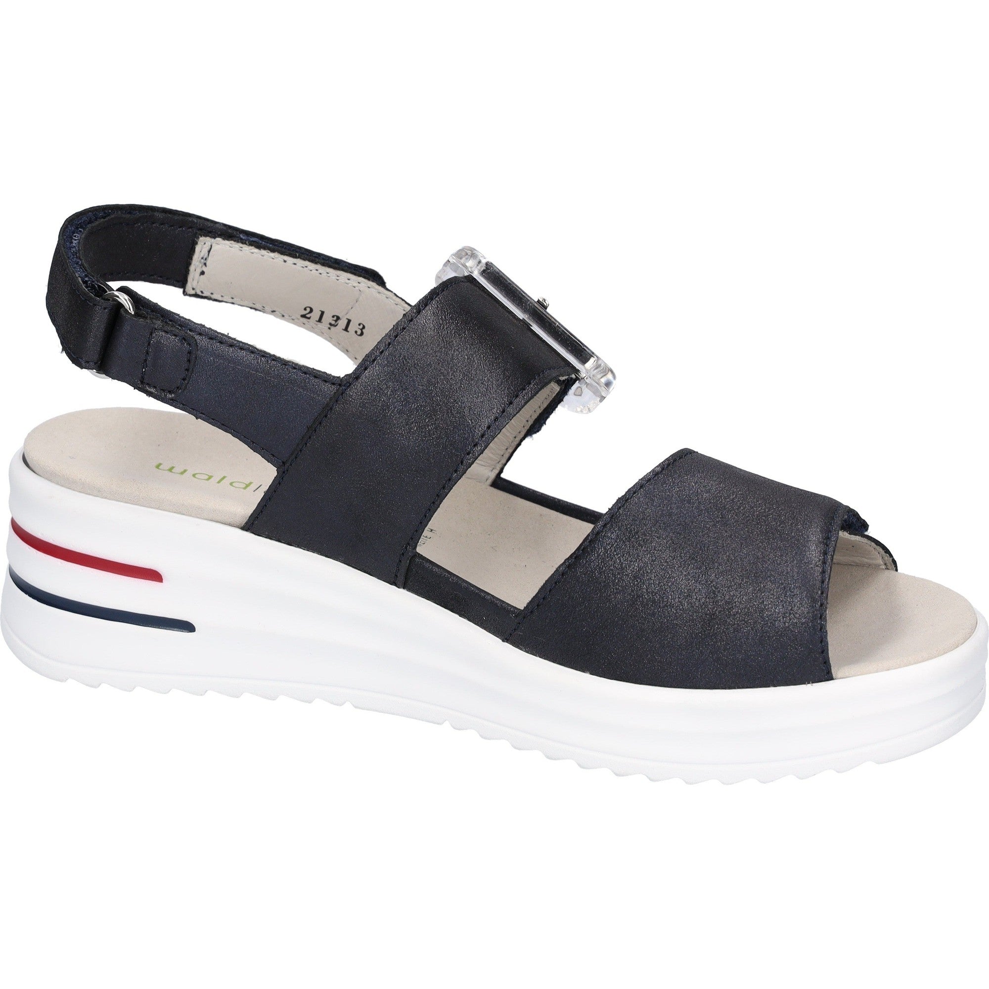 Waldlaufer women's wide navy blue leather sandals with arch support, touch fastening strap, and chunky white sole.