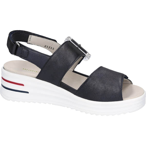Waldlaufer women's wide navy blue leather sandals with arch support, touch fastening strap, and chunky white sole.