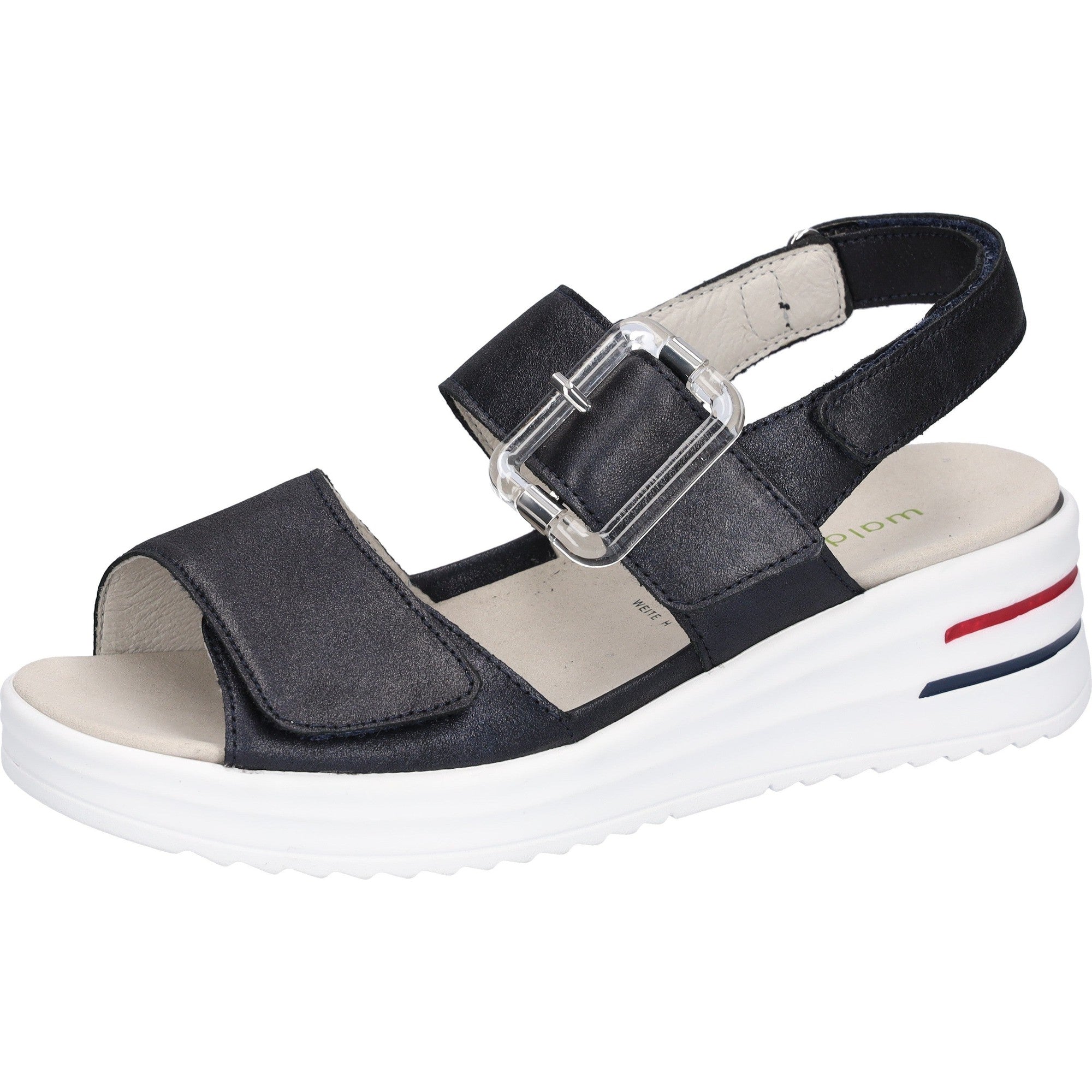 Waldlaufer Women's Navy Blue Leather Sandals with Wide Fit, Arch Support, Touch Fastening, and Cushioned Sole.
