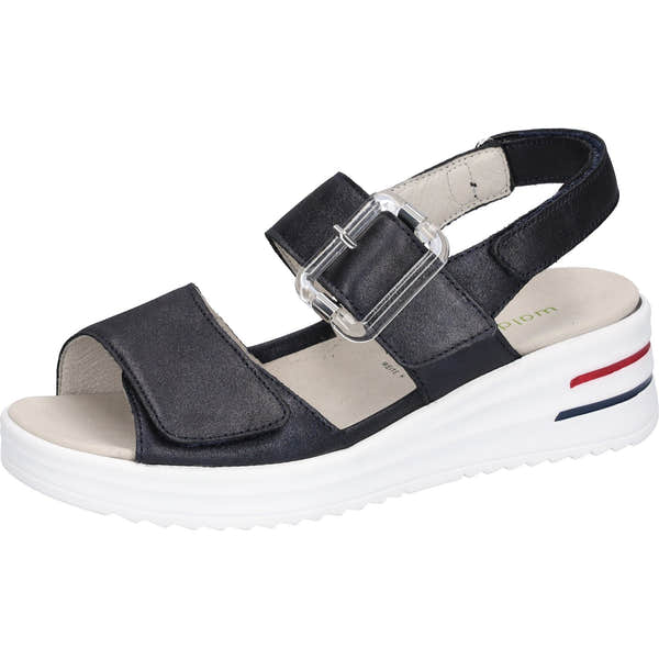 Waldlaufer Women's Navy Blue Leather Sandals with Wide Fit, Arch Support, Touch Fastening, and Cushioned Sole.