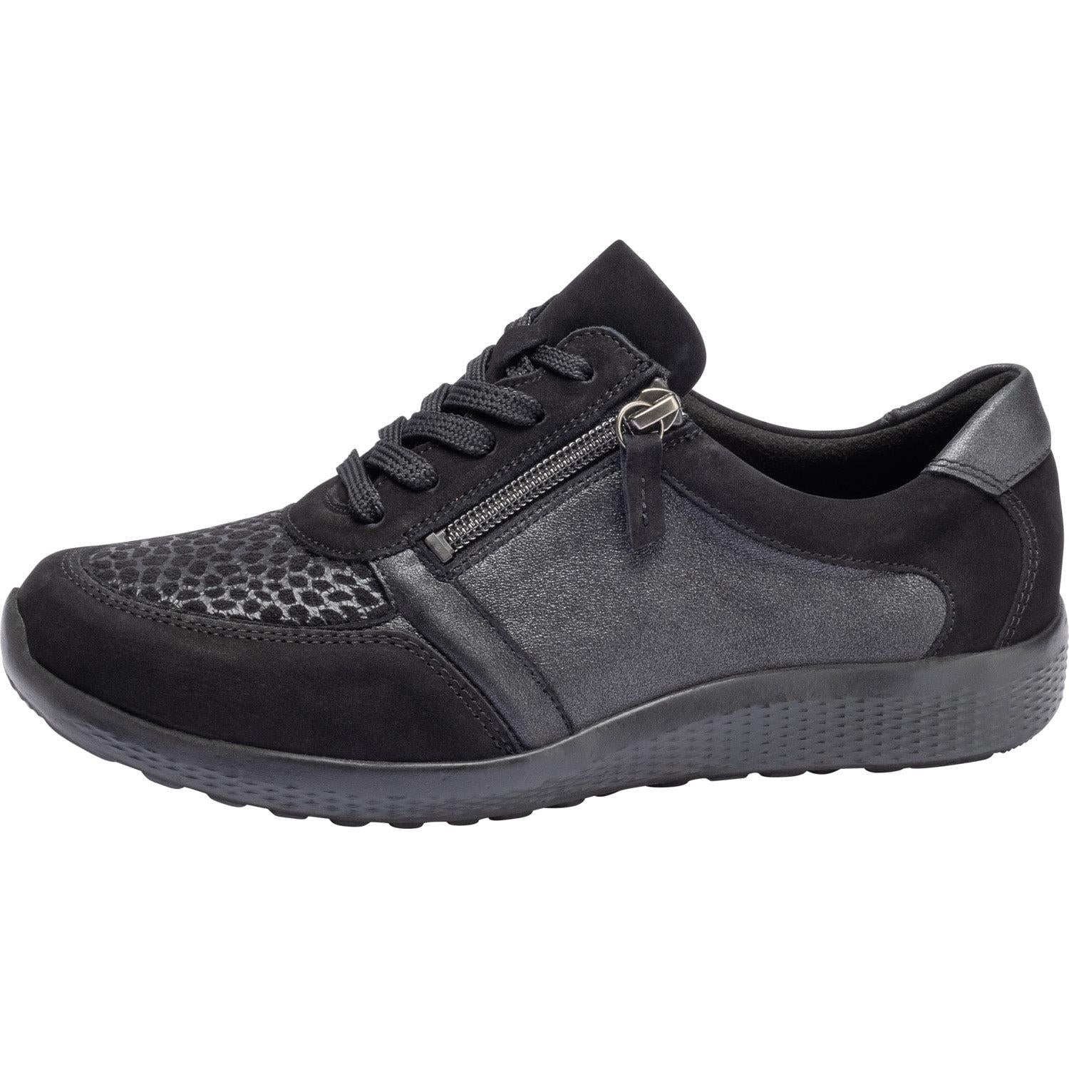 Waldlaufer 815M01 312 001 M-Ira women's black leather and textile arch support trainer with zip and lace-up closure.
