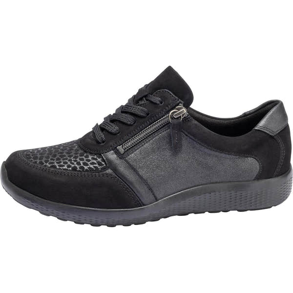 Waldlaufer 815M01 312 001 M-Ira women's black leather and textile arch support trainer with zip and lace-up closure.