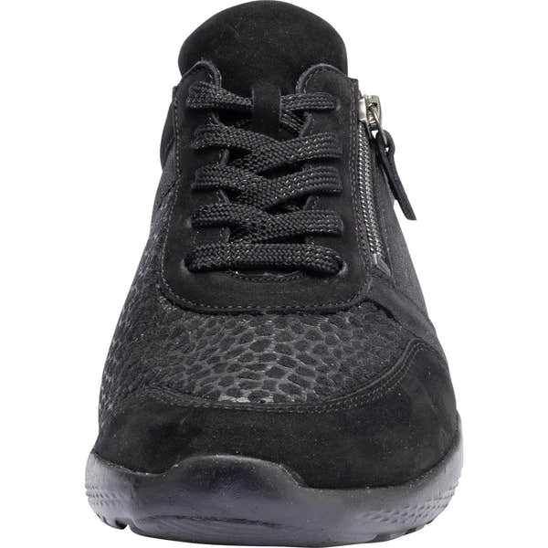 Waldlaufer 815M01 312 001 M-Ira black leather and textile women's wide-fit arch support trainers with zipper and lace-up design.