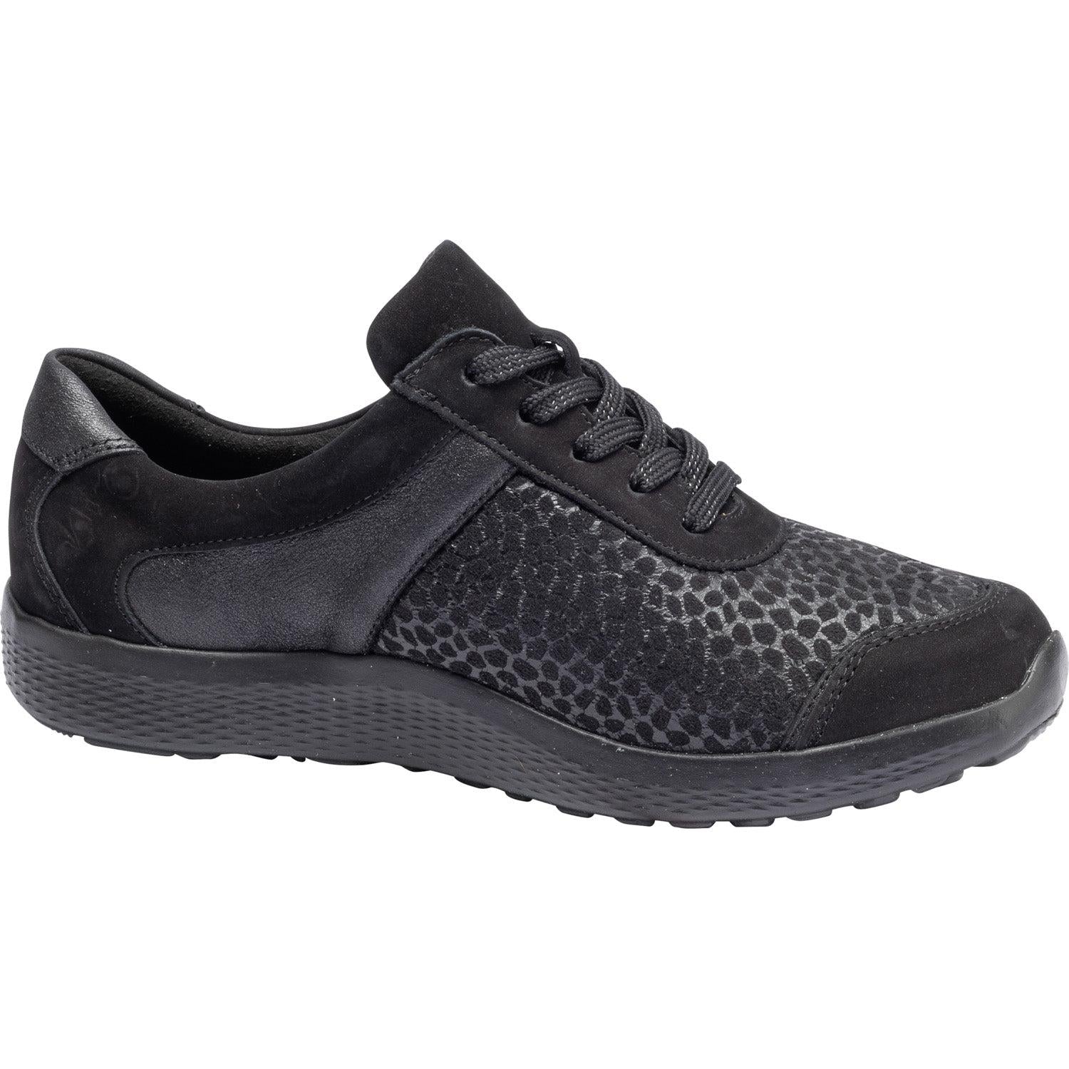 Waldlaufer 815M01 312 001 M-Ira women's black leather and textile arch support trainers with zip and lace closure.