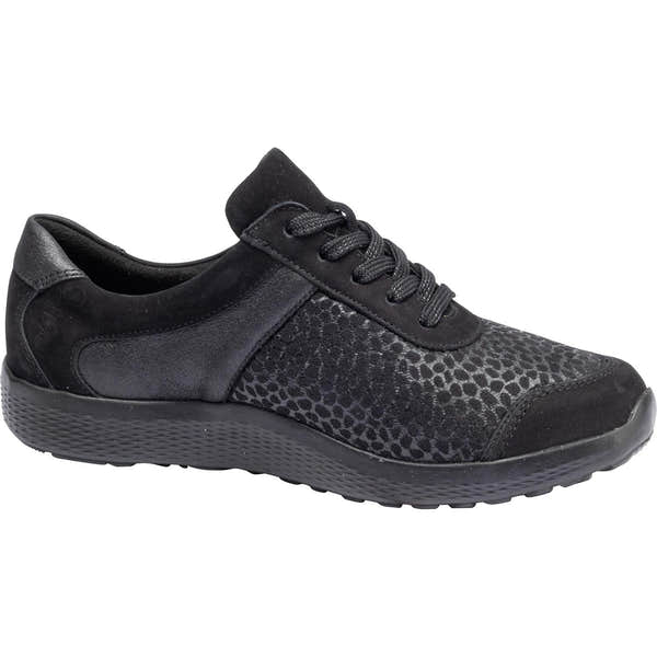 Waldlaufer 815M01 312 001 M-Ira women's black leather and textile arch support trainers with zip and lace closure.