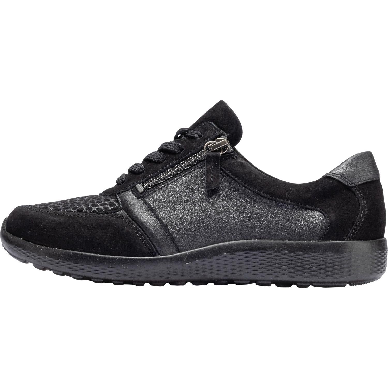 Waldlaufer 815M01 312 001 M-Ira women's black leather and textile casual trainers with zipper and lace-up closure, arch support, and slip-resistant sole.