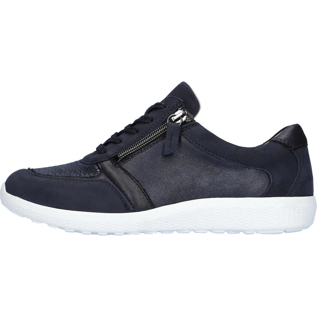 Waldlaufer 815M01 408 217 M-Ira women’s navy blue leather and nubuck arch support trainers with zip and lace closure.