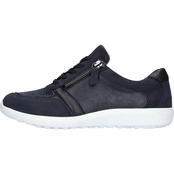 Waldlaufer 815M01 408 217 M-Ira women’s navy blue leather and nubuck arch support trainers with zip and lace closure.