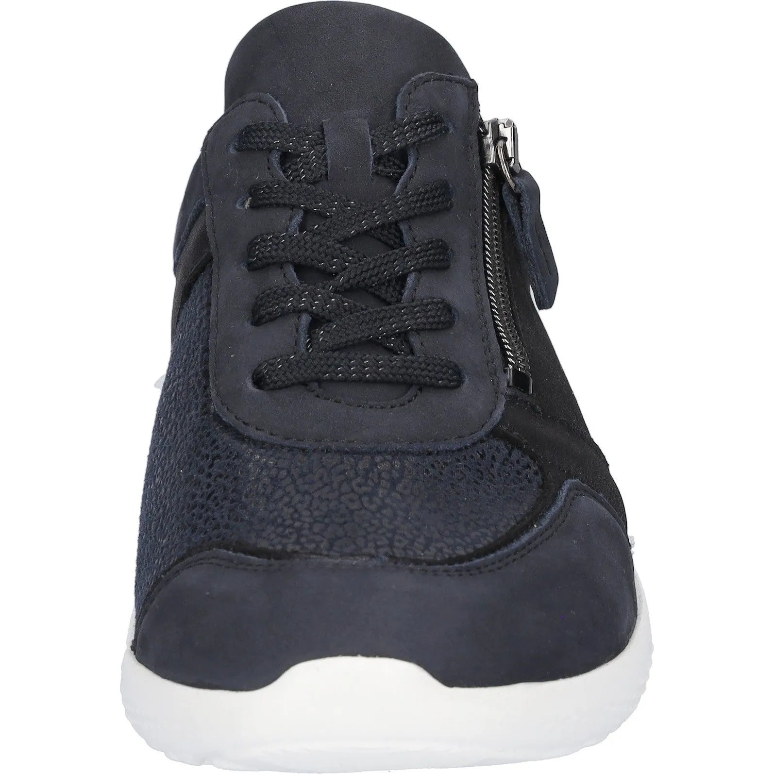 Waldlaufer 815M01 soft navy blue leather and nubuck ladies' wide arch support trainers with lace-up and side zip.