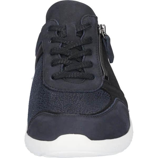 Waldlaufer 815M01 soft navy blue leather and nubuck ladies' wide arch support trainers with lace-up and side zip.