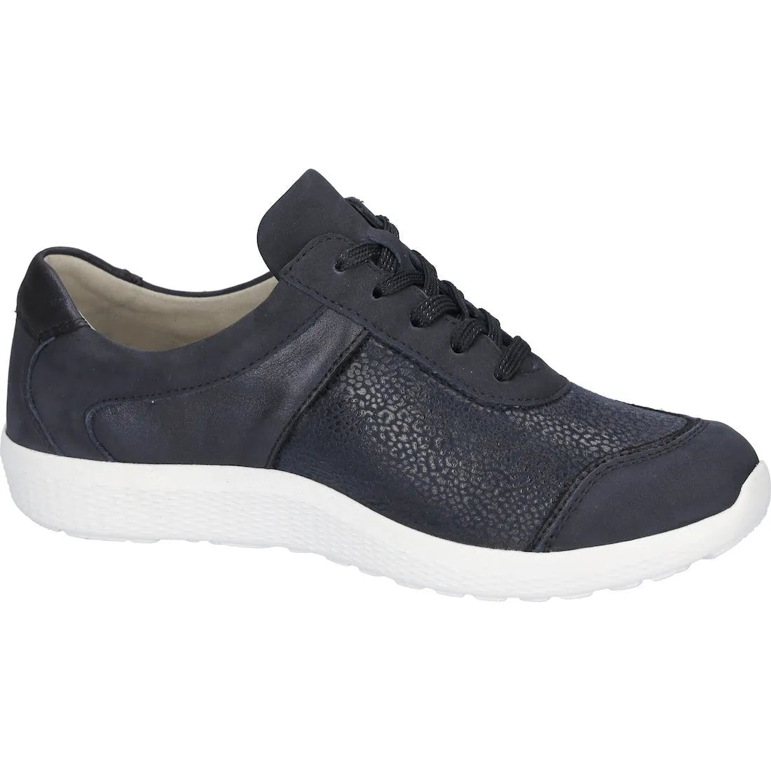 Waldlaufer 815M01 408 217 M-Ira ladies wide fit navy leather and nubuck trainers with arch support, lace and zip closure.