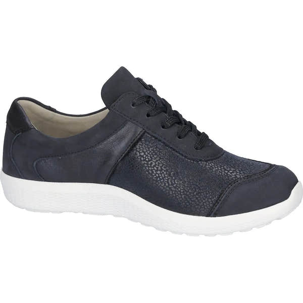 Waldlaufer 815M01 408 217 M-Ira ladies wide fit navy leather and nubuck trainers with arch support, lace and zip closure.
