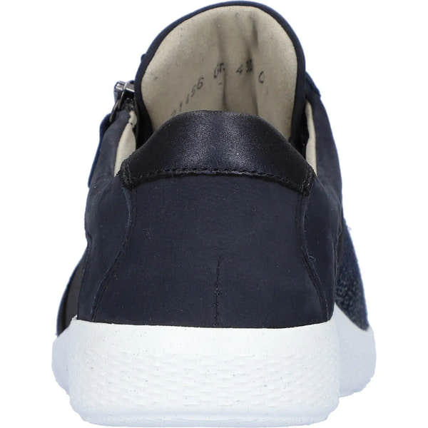 Waldlaufer 815M01 408 217 M-Ira Ladies Navy Blue Leather and Nubuck Wide Fit Trainers with Zip & Lace, arch support, casual style.