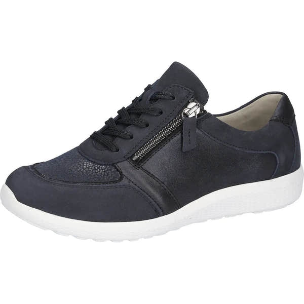 Waldlaufer 815M01 408 217 M-Ira Soft women's navy blue leather and nubuck trainers with zip and lace closure, arch support, and white sole.