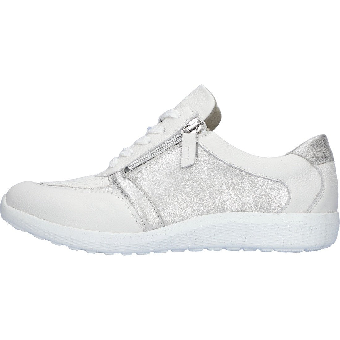 Waldlaufer 815M01 410 663 M-Ira Soft women's wide white and silver leather zip and lace trainers with arch support.