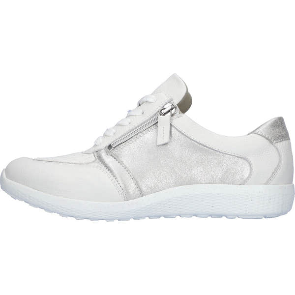 Waldlaufer 815M01 410 663 M-Ira Soft women's wide white and silver leather zip and lace trainers with arch support.