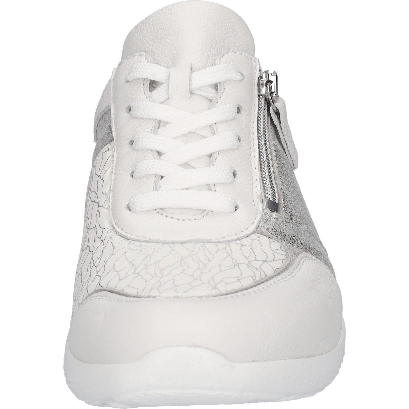 Waldlaufer 815M01 410 663 M-Ira Soft ladies' wide white and silver leather trainers with arch support, lace-up front, and side zipper.
