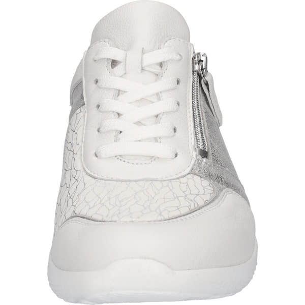 Waldlaufer 815M01 410 663 M-Ira Soft ladies' wide white and silver leather trainers with arch support, lace-up front, and side zipper.