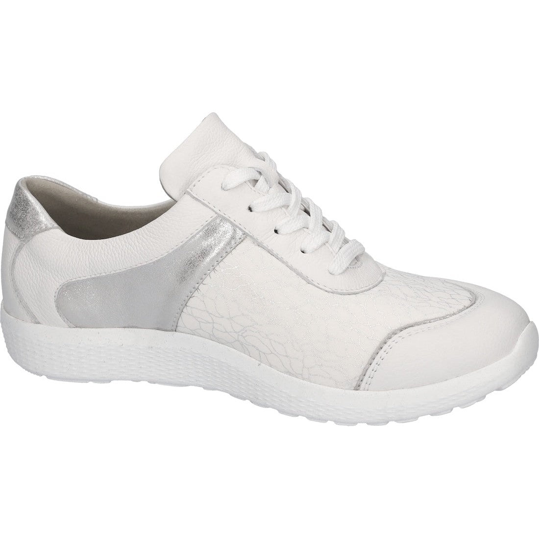 Waldlaufer 815M01 410 663 M-Ira Soft Ladies White Silver Leather Trainers with arch support, zip, and lace-up design.