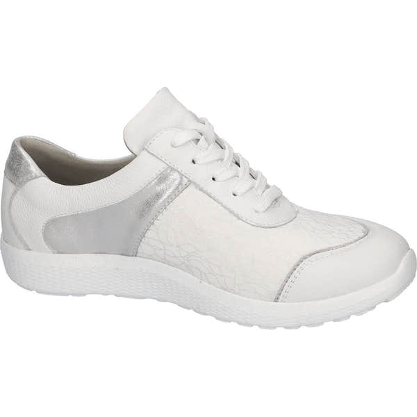 Waldlaufer 815M01 410 663 M-Ira Soft Ladies White Silver Leather Trainers with arch support, zip, and lace-up design.