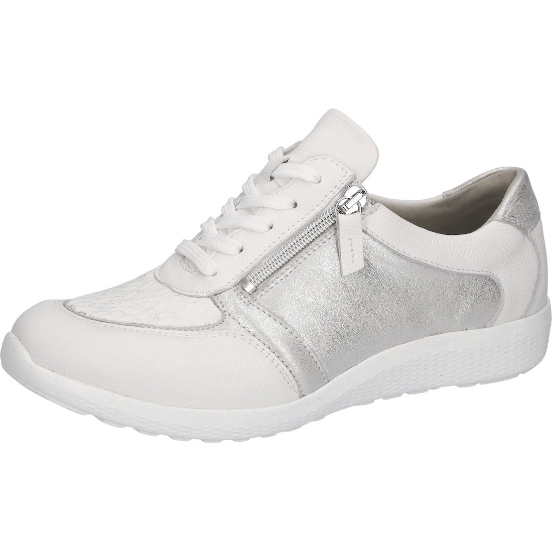 Waldlaufer 815M01 410 663 M-Ira soft women's wide white and silver leather sneakers with arch support, lace-up and side zipper.