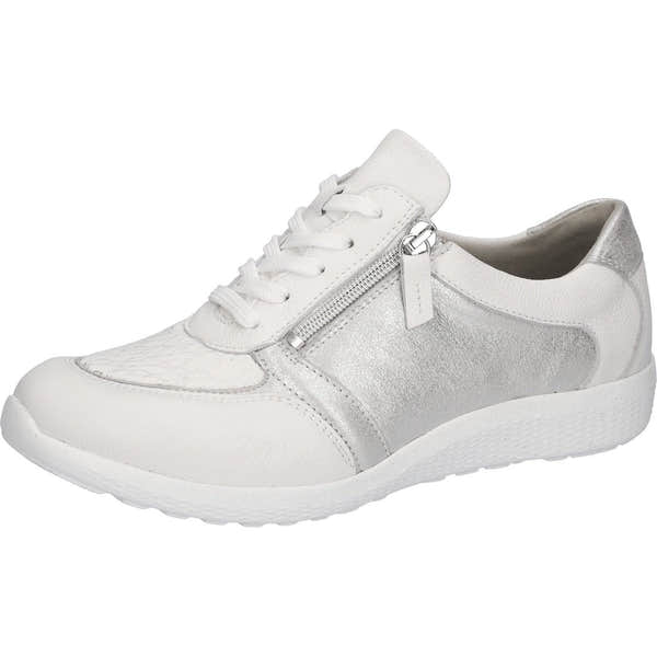 Waldlaufer 815M01 410 663 M-Ira soft women's wide white and silver leather sneakers with arch support, lace-up and side zipper.