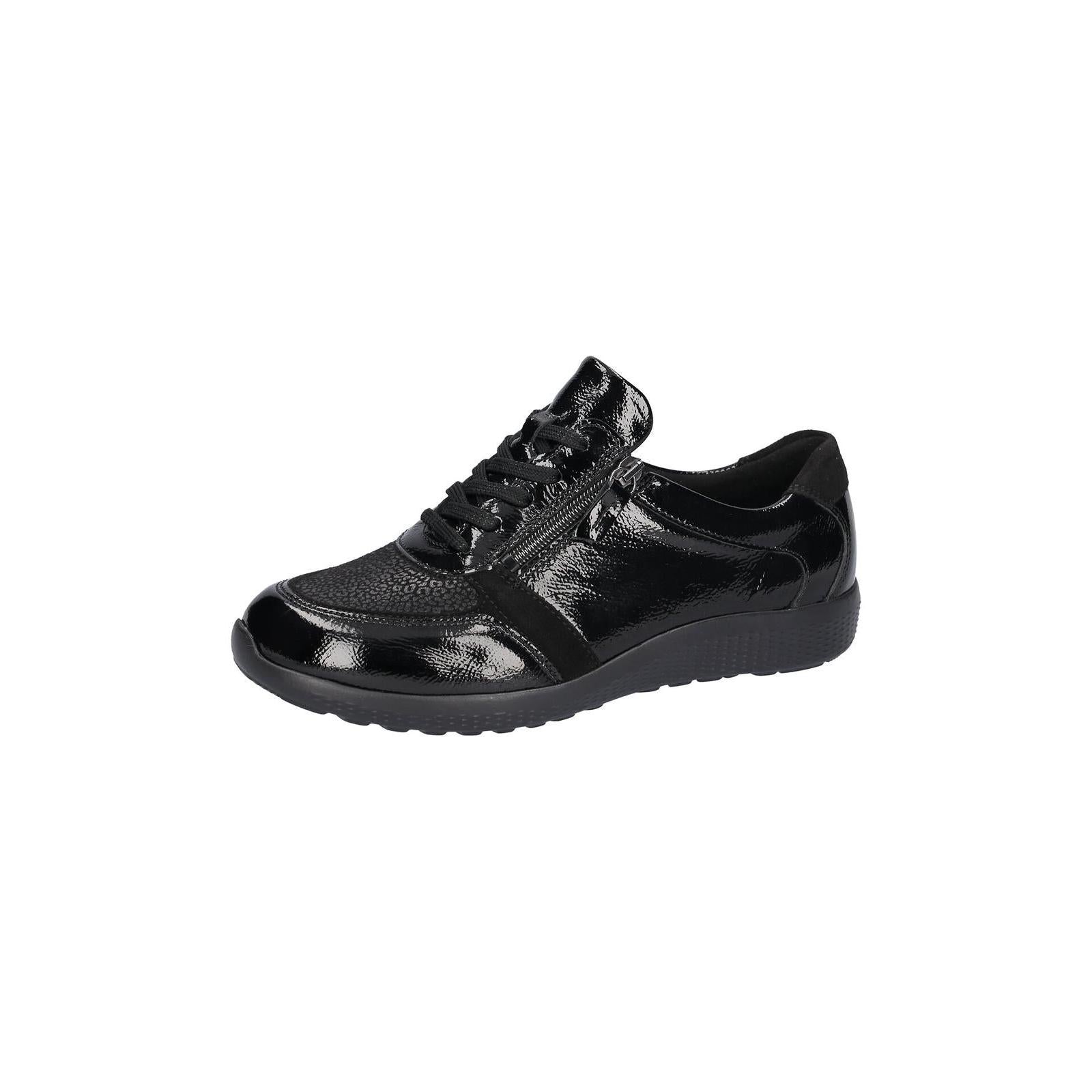 Waldlaufer 815M01 411 001 M-Ira women's Wide Black Leather Stretch Arch Support Zip & Lace Trainers, inner side view.