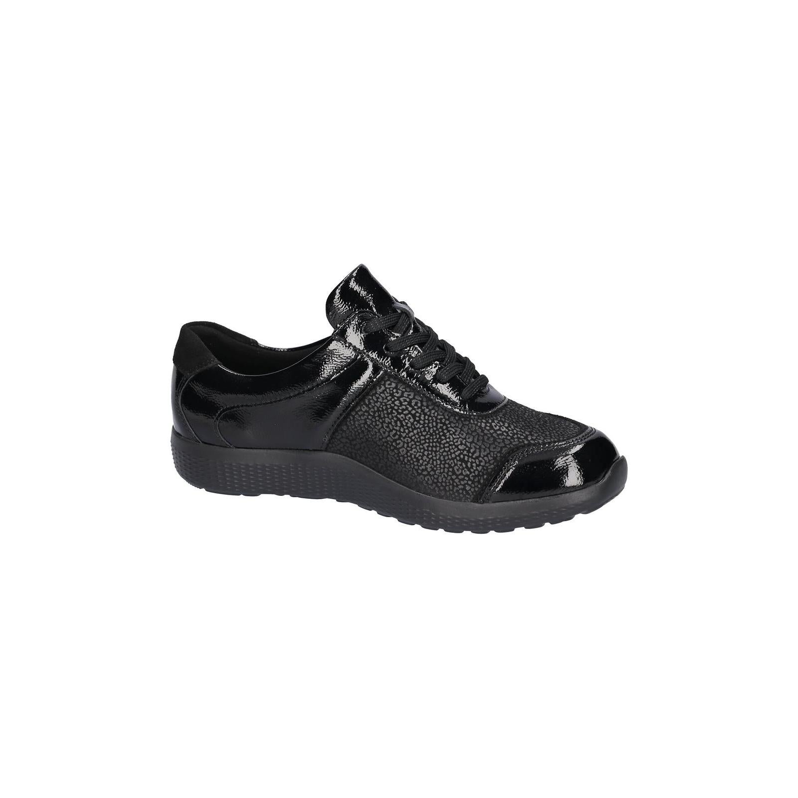 Waldlaufer 815M01 411 001 M-Ira women's Wide Black Leather Stretch Arch Support Zip & Lace Trainers, rear three-quarter view.