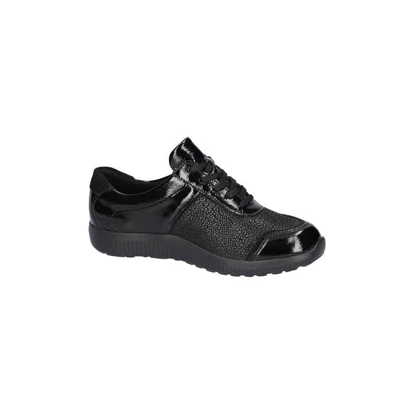 Waldlaufer 815M01 411 001 M-Ira women's Wide Black Leather Stretch Arch Support Zip & Lace Trainers, rear three-quarter view.