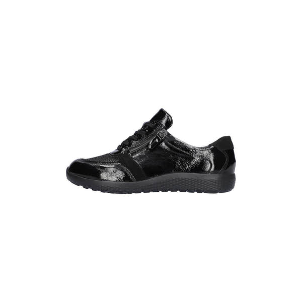 Waldlaufer 815M01 411 001 M-Ira women's Wide Black Leather Stretch Arch Support Zip & Lace Trainers, front three-quarter.
