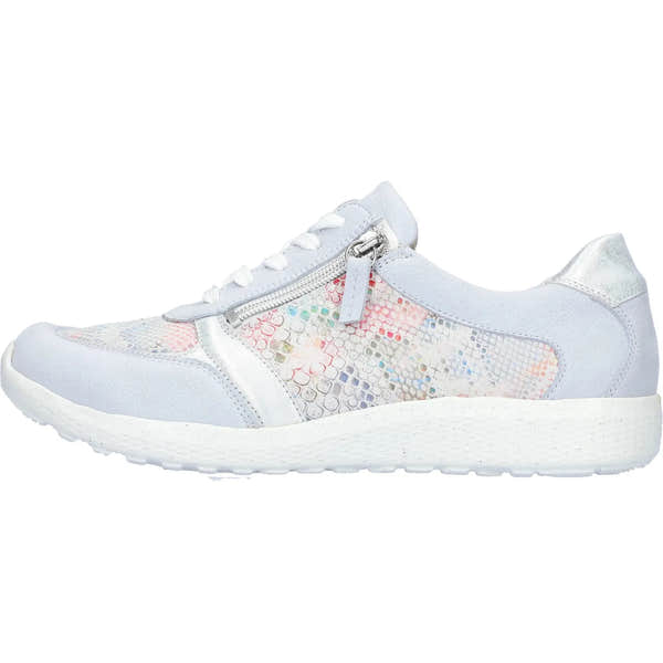 White women's trainers with multicolored holographic geometric patterns, zipper and lace-up closure, and silver accents.