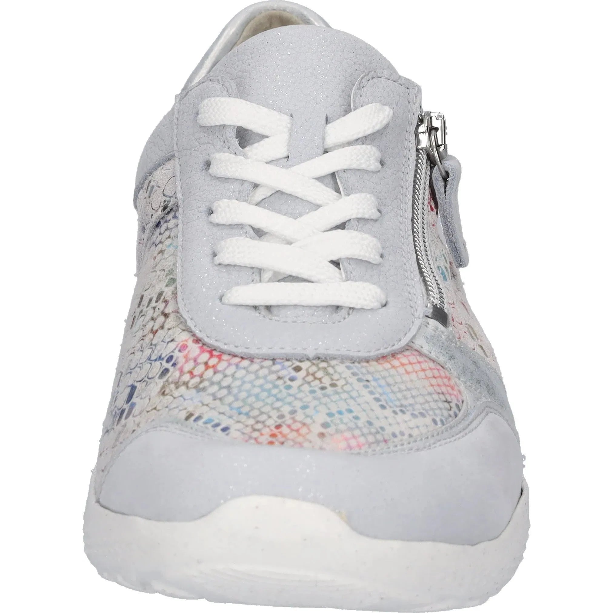 Waldlaufer 815M01 413 159 M-Ira women's wide silver and multi leather zip and lace trainers, close-up view.