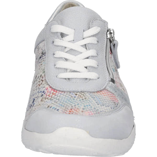 Waldlaufer 815M01 413 159 M-Ira women's wide silver and multi leather zip and lace trainers, close-up view.