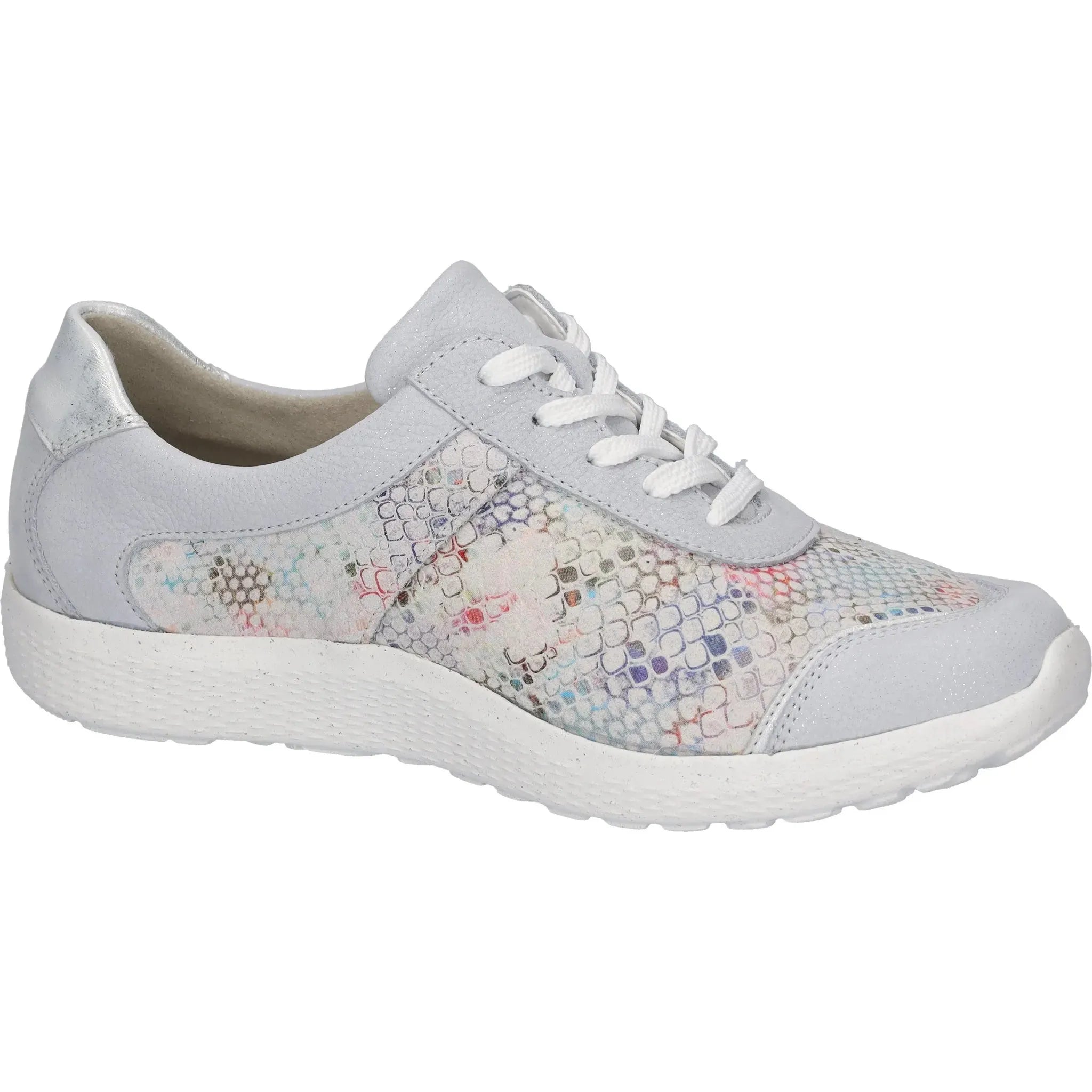Waldlaufer 815M01 413 159 M-Ira ladies wide-fit silver and multi leather trainers with zip and lace-up closure.