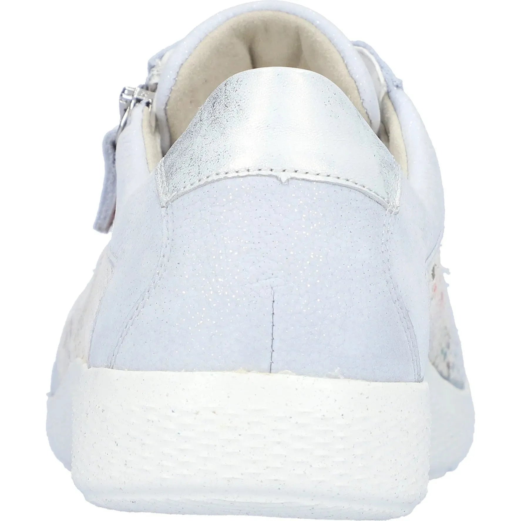 Waldlaufer 815M01 ladies wide-fit silver and multi leather trainers with zip and lace closure, front view.