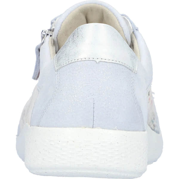 Waldlaufer 815M01 ladies wide-fit silver and multi leather trainers with zip and lace closure, front view.