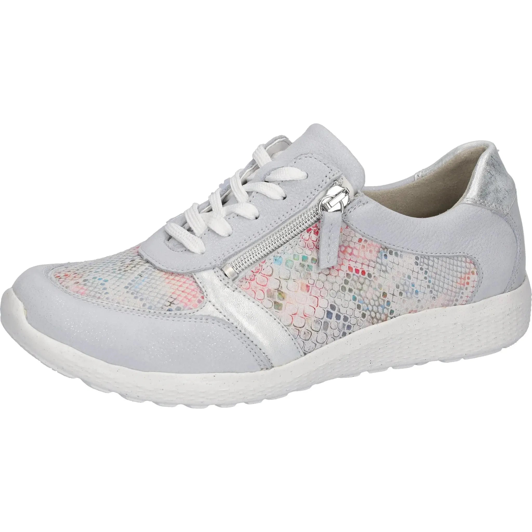 Waldlaufer 815M01 413 159 M-Ira women's wide silver and multi-leather zip and lace trainers with holographic design.