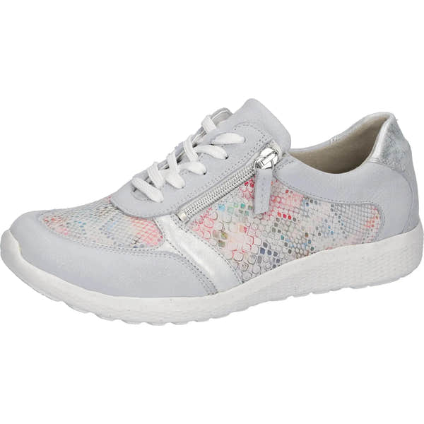 Waldlaufer 815M01 413 159 M-Ira women's wide silver and multi-leather zip and lace trainers with holographic design.