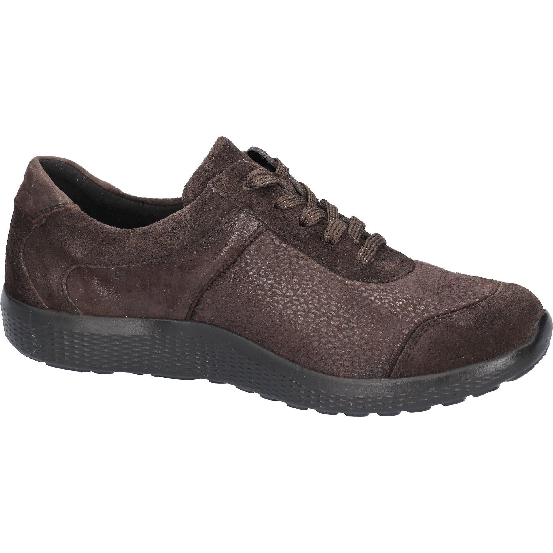 Waldlaufer 815M01 417 166 M-Ira women's Wide Brown Leather Stretch Arch Support Zip & Lace Trainers, rear three-quarter view.